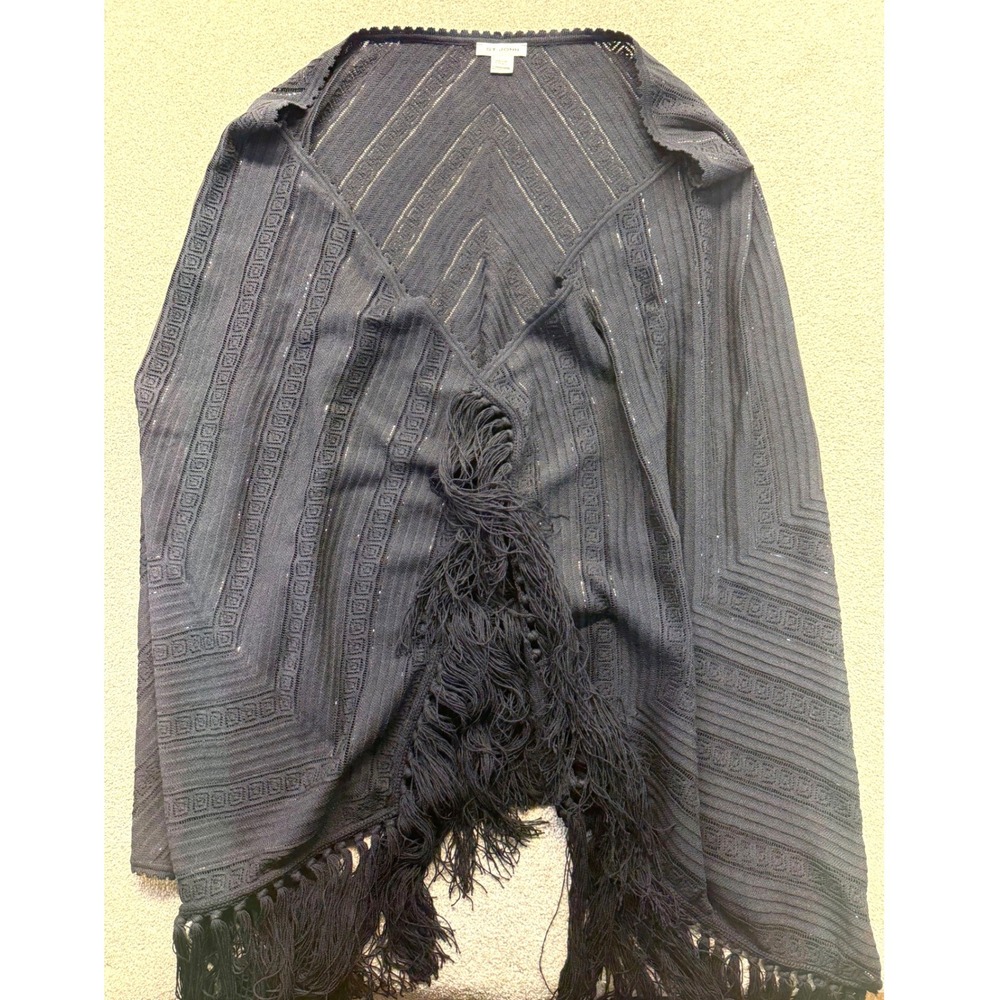 St. John Black Pointelle Knit Sequin Fringe Evening Wrap Shawl OS
